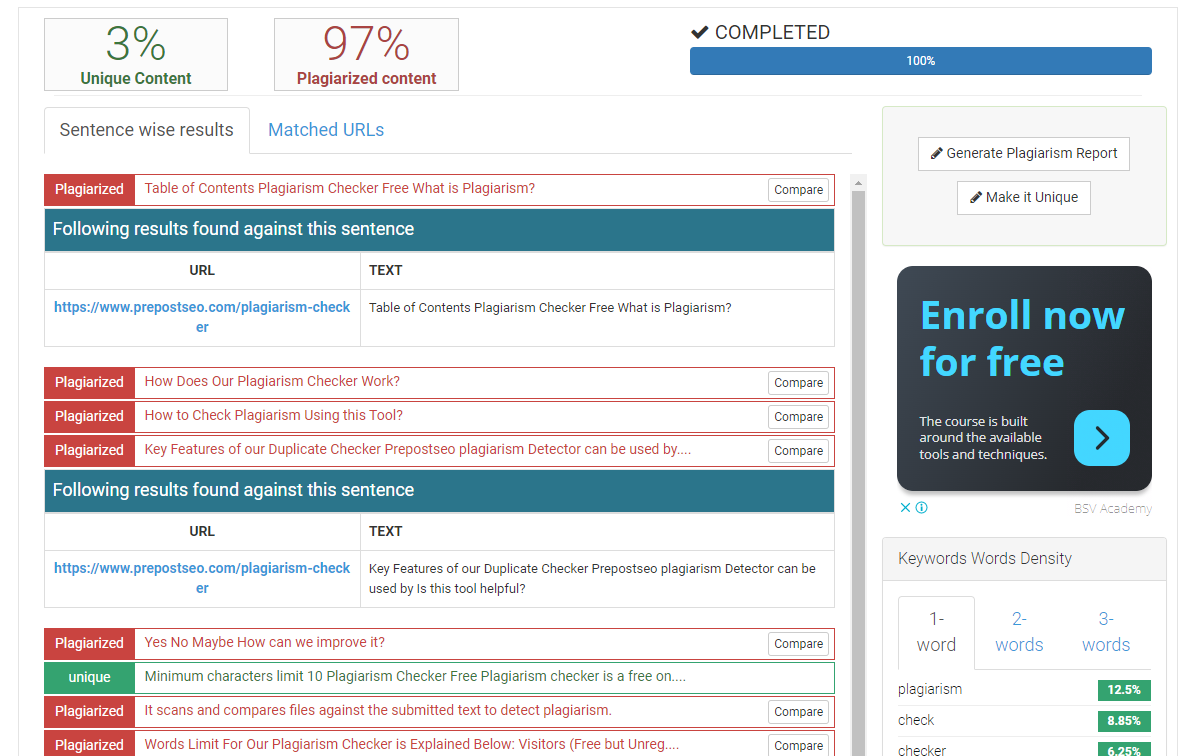 The Results Provided by Check-Plagiarism.com